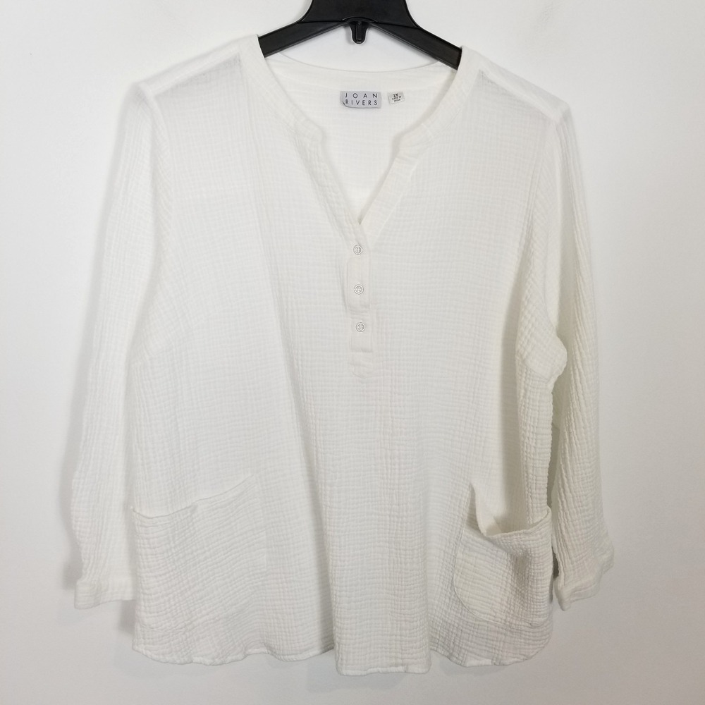Joan Rivers Women ‎ Off Crinkle Texture V-Neck Tunic Top Sz 2X White Cotton